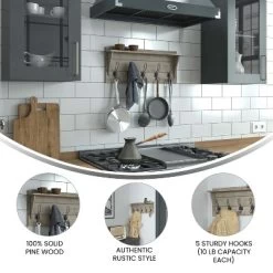 Merrick Lane Pine Wood 24 Inch Wall Mount Storage Rack With 5 Hanging Hooks And Upper Display Shelf -Online Home Decoration GUEST 025be7f4 6880 4025 a5b7 9daa6b445bdc