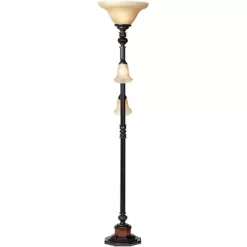 Kathy Ireland Sonnett Vintage Rustic Torchiere Floor Lamp With Side Lights 72" Tall Bronze Champagne Alabaster Glass Shade For Living Room Reading -Online Home Decoration GUEST 0773daa4 0a02 460c a4d5 93b901564925