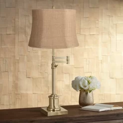 360 Lighting Traditional Swing Arm Desk Table Lamp Adjustable Height 36" Tall Antique Brass Natural Burlap Fabric Drum Shade Living Room