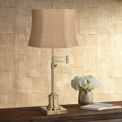 360 Lighting Traditional Swing Arm Desk Table Lamp Adjustable Height 36" Tall Antique Brass Natural Burlap Fabric Drum Shade Living Room 3 360 Lighting Traditional Swing Arm Desk Table Lamp Adjustable Height 36" Tall Antique Brass Natural Burlap Fabric Drum Shade Living Room