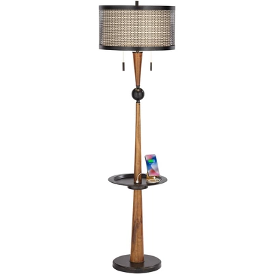 Franklin Iron Works Hunter Rustic Floor Lamp With Tray Table 64 3/4" Tall Faux Wood Bronze USB Charging Port Oatmeal Linen Drum Shade For Living Room 4 Franklin Iron Works Hunter Rustic Floor Lamp With Tray Table 64 3/4" Tall Faux Wood Bronze USB Charging Port Oatmeal Linen Drum Shade For Living Room - Image 2