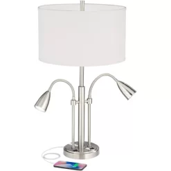 Possini Euro Design Wagner Modern Table Lamp 29 3/4" Tall Brushed Nickel With USB Charging Port And LED Gooseneck Lights White Shade For Living Room -Online Home Decoration GUEST 16c4a4d7 b860 4fbe 95c9 39ffcc08c35e