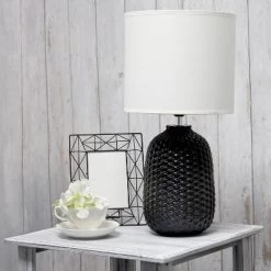 20.4" Traditional Ceramic Purled Texture Bedside Table Desk Lamp With White Fabric Drum Shade Black - Simple Designs -Online Home Decoration GUEST 260a8812 54b0 4a31 81ce 07287a28366a