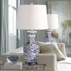 Barnes And Ivy Table Lamps 28" Tall Set Of 2 Porcelain Blue Floral Jar Geneva White Drum Shade For Living Room Family Bedroom Bedside