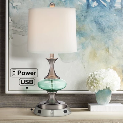 360 Lighting Reiner Modern Accent Table Lamp 23" High Blue Green Glass Nickel With USB And AC Power Outlet In Base Off White Drum Shade For Home Desk 3 360 Lighting Reiner Modern Accent Table Lamp 23" High Blue Green Glass Nickel With USB And AC Power Outlet In Base Off White Drum Shade For Home Desk