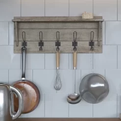 Merrick Lane Pine Wood 24 Inch Wall Mount Storage Rack With 5 Hanging Hooks And Upper Display Shelf -Online Home Decoration GUEST 3cd9aa3d 93b7 4338 9283 6f20574e5022