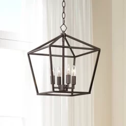 Franklin Iron Works Queluz Bronze Pendant Chandelier 13" Wide Industrial Rustic Geometric Cage 4-Light Fixture For Dining Room House Kitchen Island