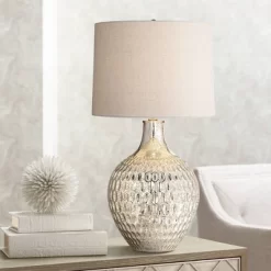 360 Lighting Waylon Modern Table Lamp 28" Tall Textured Mercury Glass Off White Tapered Drum Shade For Bedroom Living Room Bedside Nightstand Office