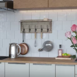 Merrick Lane Pine Wood 24 Inch Wall Mount Storage Rack With 5 Hanging Hooks And Upper Display Shelf -Online Home Decoration GUEST 54e12820 a822 403f b044 ccf1c2a10348