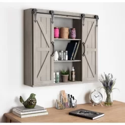 Decorative Wood Wall Storage Cabinet With 2 Sliding Barn Doors Rustic Gray - Kate & Laurel All Things Decor -Online Home Decoration GUEST 565c4c1a be01 4ea4 8941 4324fa5bdda8