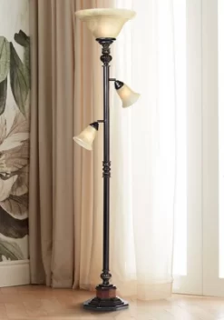 Kathy Ireland Sonnett Vintage Rustic Torchiere Floor Lamp With Side Lights 72" Tall Bronze Champagne Alabaster Glass Shade For Living Room Reading