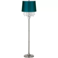 360 Lighting Modern Floor Lamp 62.5" Tall Satin Steel Crystal Chandelier Teal Blue Satin Drum Shade For Living Room Reading Bedroom Office