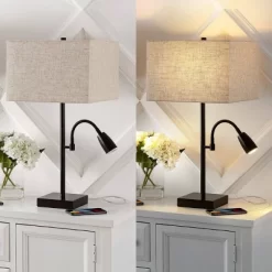 (Set Of 2) 25.5" 2-Light Austin Farmhouse Industrial Table Lamp With USB Charging Oil Rubbed Bronze (Includes LED Light Bulb) - JONATHAN Y -Online Home Decoration GUEST 688e2cb2 f3f9 448e b1bf 3092bfdc02b5