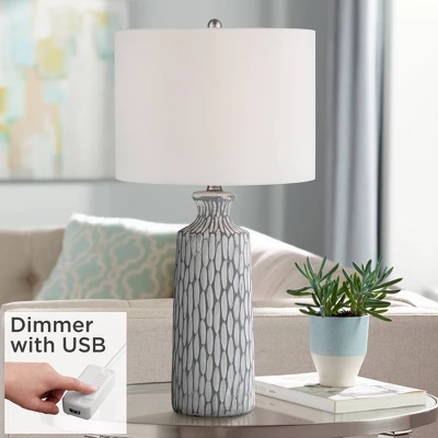 360 Lighting Modern Coastal Modern Table Lamp 26 1/4" High With USB Dimmer Whitewash Gray Ceramic White Drum Shade For Bedroom Living Room House Desk 3 360 Lighting Modern Coastal Modern Table Lamp 26 1/4" High With USB Dimmer Whitewash Gray Ceramic White Drum Shade For Bedroom Living Room House Desk