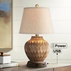 360 Lighting Accent Table Lamp With USB And AC Power Outlet Workstation Charging Base 22" High Warm Bronze Drum Shade Living Room Desk
