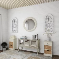 Vintage Wood Scroll Arched Window Inspired Wall Decor With Metal Scrollwork Relief White - Olivia & May