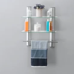 7" X 20" 2 Tier Adjustable Glass Shelf With Towel Bar Wall Shelf - Danya B.