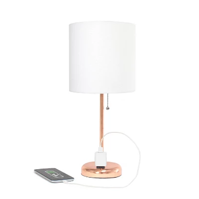 19.5" Bedside Power Outlet Base Metal Table Desk Lamp Rose Gold With White Fabric Shade - Creekwood Home 4 19.5" Bedside Power Outlet Base Metal Table Desk Lamp Rose Gold With White Fabric Shade - Creekwood Home - Image 2