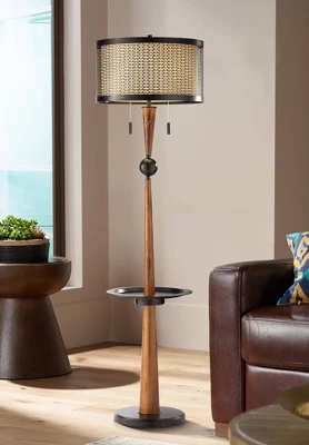 Franklin Iron Works Hunter Rustic Floor Lamp With Tray Table 64 3/4" Tall Faux Wood Bronze USB Charging Port Oatmeal Linen Drum Shade For Living Room 3 Franklin Iron Works Hunter Rustic Floor Lamp With Tray Table 64 3/4" Tall Faux Wood Bronze USB Charging Port Oatmeal Linen Drum Shade For Living Room