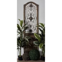 17" X 19" Wood Scroll Distressed Door Inspired Ornamental Wall Decor With Metal Wire Details Brown - Olivia & May