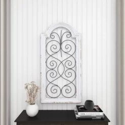 Vintage Wood Scroll Arched Window Inspired Wall Decor With Metal Scrollwork Relief White - Olivia & May -Online Home Decoration GUEST c19907e2 2e32 43f3 804a f029e5875dc5
