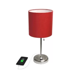 19.5" Bedside USB Port Feature Metal Table Desk Lamp Brushed Steel With Red Fabric Shade - Creekwood Home -Online Home Decoration GUEST c77a88a8 9b05 404d 9a19 6e231c0a3c09