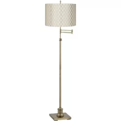 360 Lighting Swing Arm Floor Lamp Adjustable Height 70" Tall Antique Brass Off White Embroidered Hourglass Fabric Drum Shade Living Room
