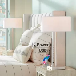 360 Lighting Andre 26 3/4" Tall Mid Century Modern Table Lamps Set Of 2 USB Port AC Power Outlet Silver Finish Metal White Shade Living Room Charging