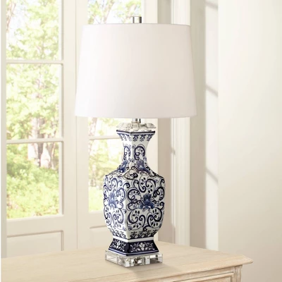 Barnes And Ivy Table Lamps 28" Tall Set Of 2 Porcelain Blue Floral Jar Geneva White Drum Shade For Living Room Family Bedroom Bedside 9 Barnes And Ivy Table Lamps 28" Tall Set Of 2 Porcelain Blue Floral Jar Geneva White Drum Shade For Living Room Family Bedroom Bedside - Image 7