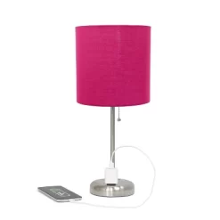 19.5" Bedside Power Outlet Base Metal Table Desk Lamp Brushed Steel With Fabric Shade Pink - Creekwood Home -Online Home Decoration GUEST dda7aae7 e03e 4a17 88ef 63866b6f29bd