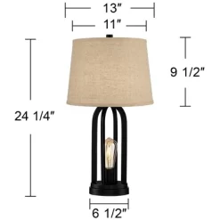 360 Lighting Marcel Industrial Table Lamps 24 1/4" High Set Of 2 Black With USB Port LED Nightlight Burlap Drum Shade For Bedroom Living Room Desk -Online Home Decoration GUEST eb633317 f600 45d3 ae18 d56b75f16339
