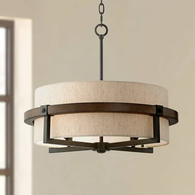 Possini Euro Design Bronze Wood Finish Pendant Chandelier 22" Wide Rustic Farmhouse Tan Fabric Drum 4-Light Fixture For Dining Room House 3 Possini Euro Design Bronze Wood Finish Pendant Chandelier 22" Wide Rustic Farmhouse Tan Fabric Drum 4-Light Fixture For Dining Room House