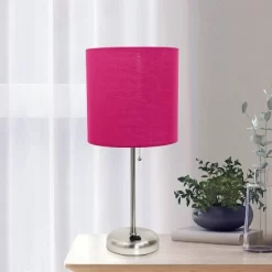 19.5" Bedside Power Outlet Base Metal Table Desk Lamp Brushed Steel With Fabric Shade Pink - Creekwood Home -Online Home Decoration GUEST fb2c2e06 f585 4cd6 95c0 16c35cdb5b2e