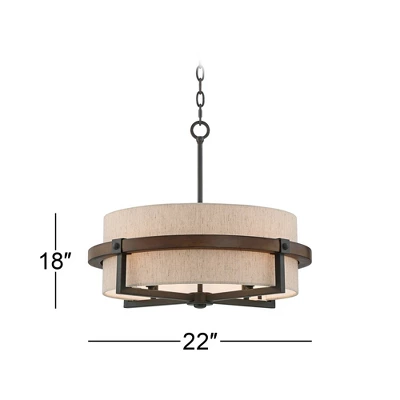 Possini Euro Design Bronze Wood Finish Pendant Chandelier 22" Wide Rustic Farmhouse Tan Fabric Drum 4-Light Fixture For Dining Room House 8 Possini Euro Design Bronze Wood Finish Pendant Chandelier 22" Wide Rustic Farmhouse Tan Fabric Drum 4-Light Fixture For Dining Room House - Image 6